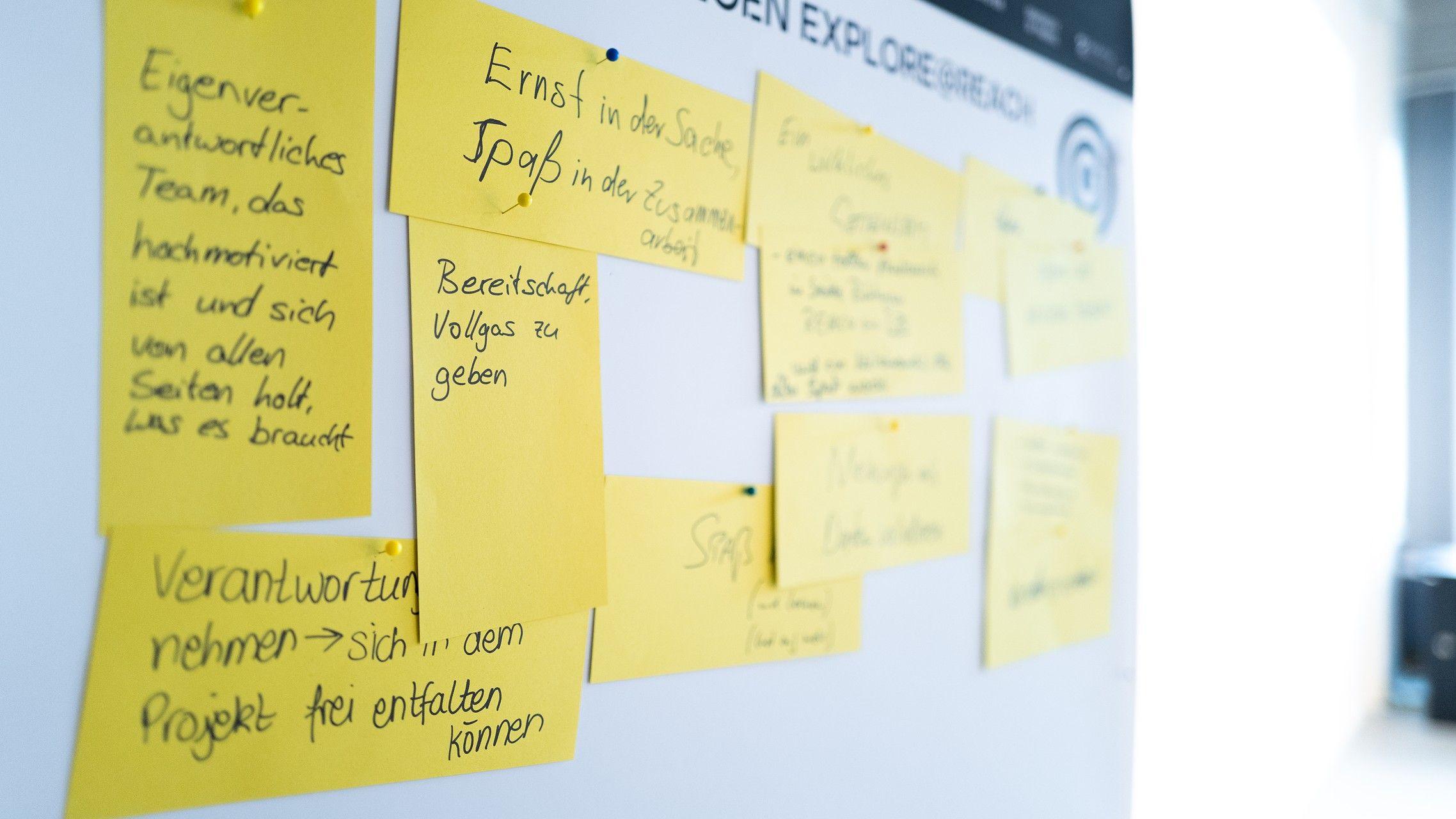 Verschiedene Post-its an einem Whiteboard.